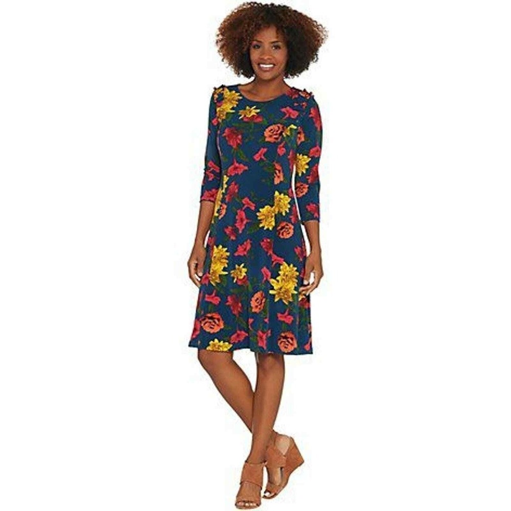 Susan Graver liquid knit floral Dark Teal and GoldenRod Knee Length dress XL NEW